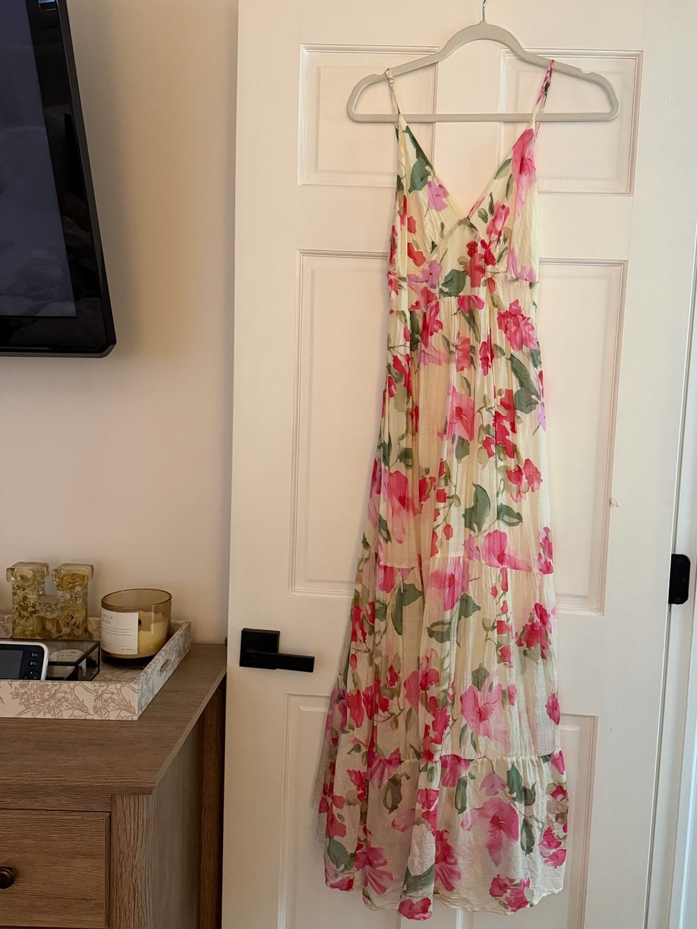 Cream Floral V-Neck Maxi Dress with Pink & Green Print
